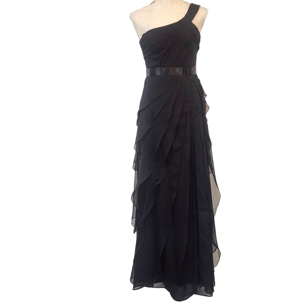 Adrianna Papell One-Shoulder Satin-Trim Draped Flutter Gown Sz 2